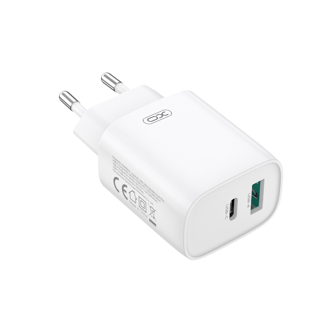 XO wall charger CE29 PD 20W 1x USB-C 1x USB white + cable USB-C – USB-C
