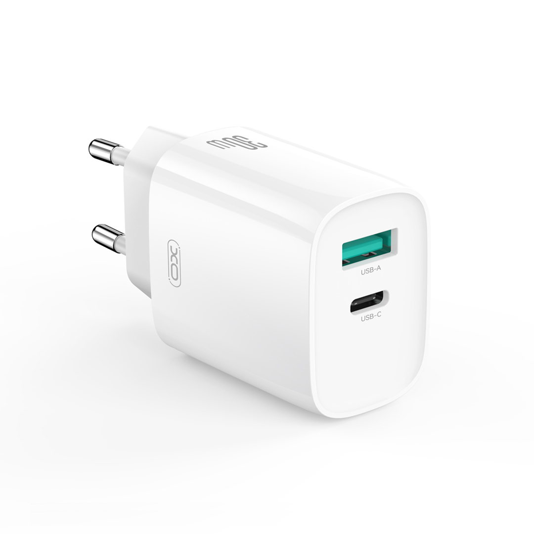 XO wall charger CE30 PD 30W 1x USB-C 1x USB white + cable USB-C – USB-C