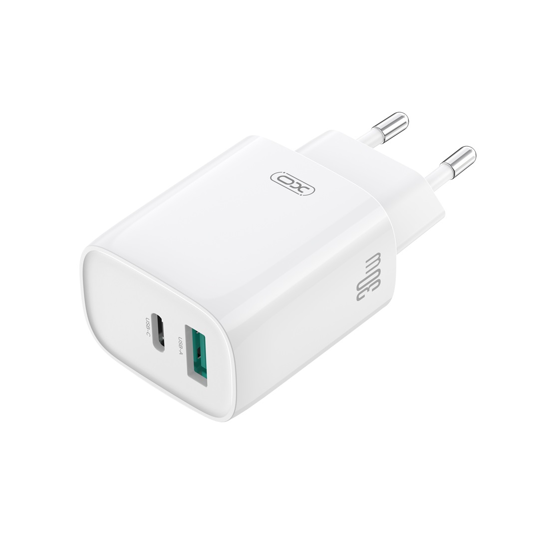 XO wall charger CE30 PD 30W 1x USB-C 1x USB white + cable USB-C – USB-C