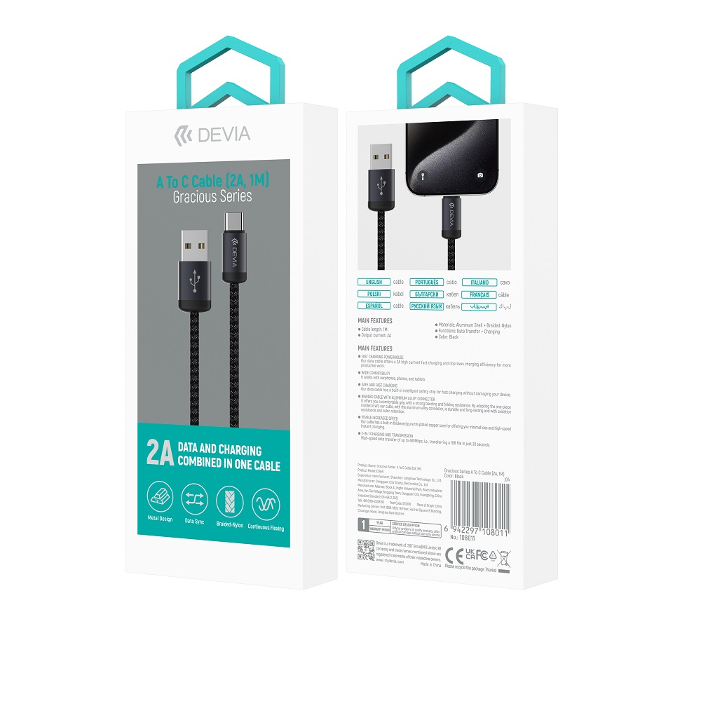 Devia cable Gracious EC649 USB – USB-C 1,0 m 2A black