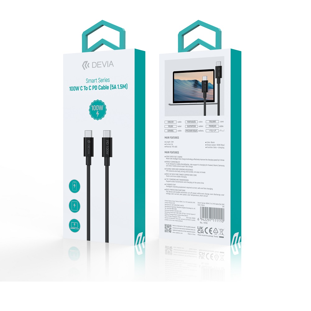 Devia cable Smart EC317 PD USB-C – USB-C 1,5 m 100W 5A black