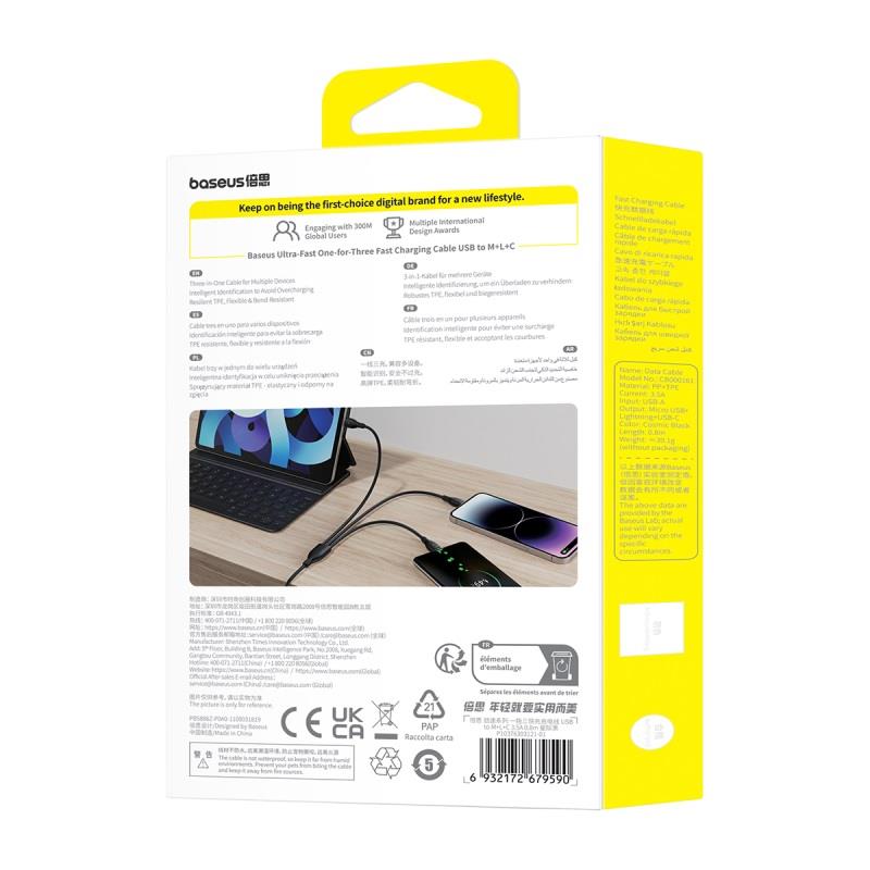 Baseus Ultra-Snabb En-för-Tre Laddningskabel USB-A till M+L+C 3,5A 0,8m Kosmisk Svart