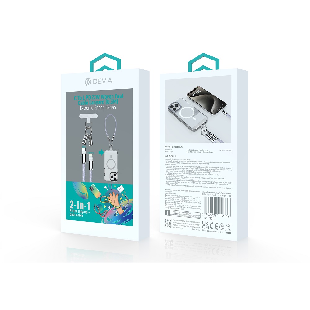 Devia kabelsnodd 2in1 PD USB-C – Lightning 0,3 m 27W lila