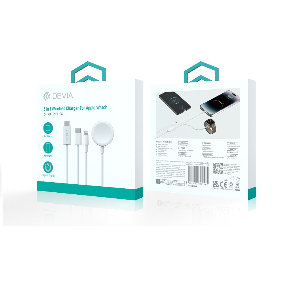 Devia kabel 3in1 Smart EA520 USB-C – USB-C + Lightning vit med induktiv magnetladdare för Apple Watch