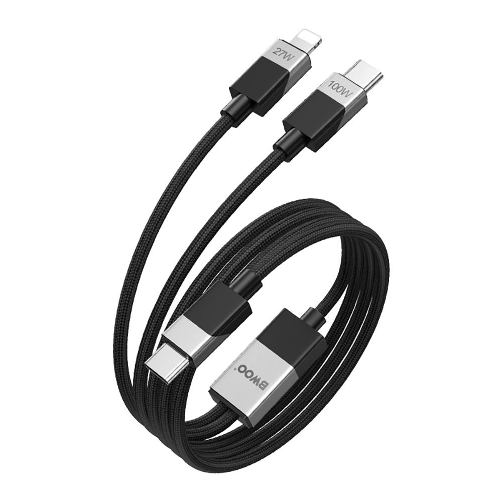 BWOO FLÄTAD 2-i-1 Kabel USB-C – USB-C och Lightning 1m 100W/27W svart