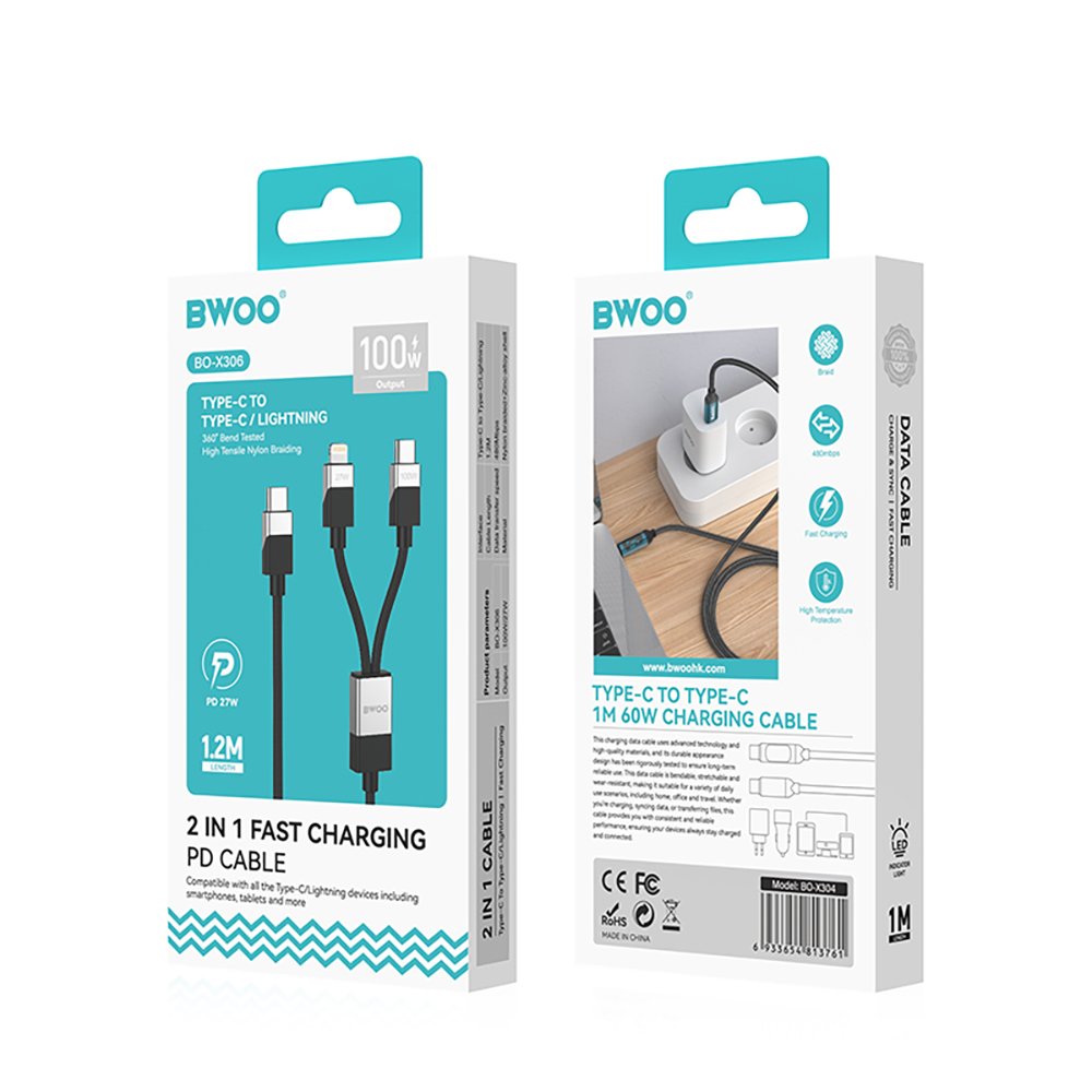 BWOO FLÄTAD 2-i-1 Kabel USB-C – USB-C och Lightning 1m 100W/27W svart
