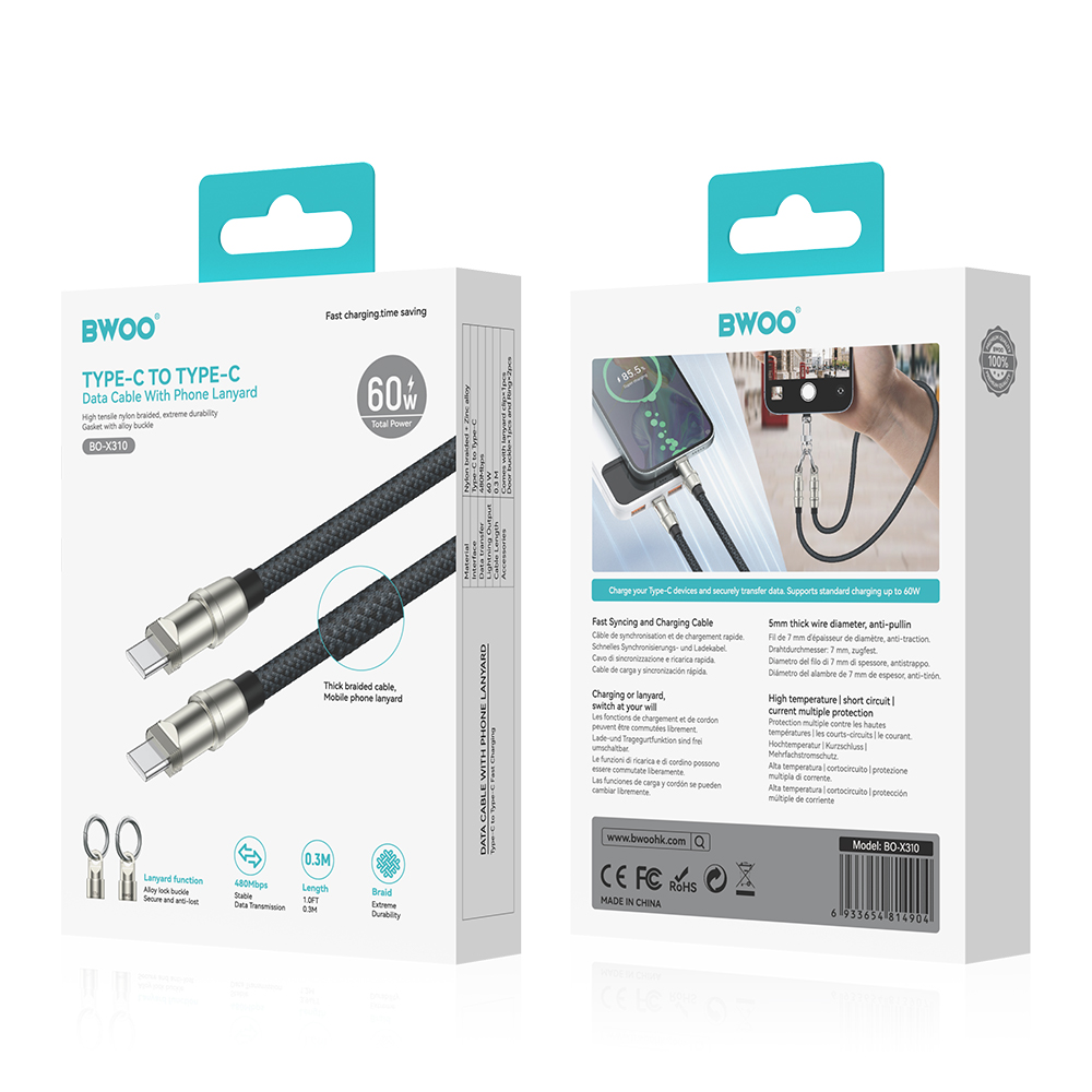BWOO Lanyard-kabel USB-C – USB-C 1,2 m 60W med band