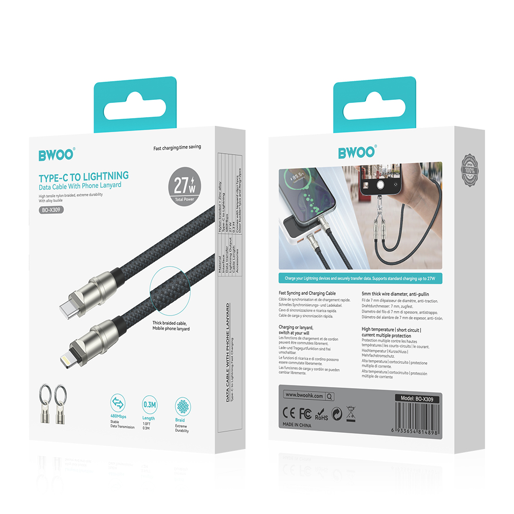 BWOO Lanyard-kabel USB-C – Lightning 1,2 m 27 W med band