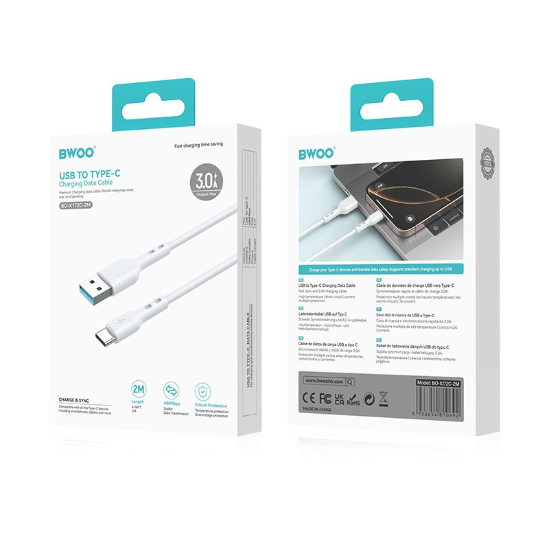 BWOO Cable USB – USB-C 2m 3A white