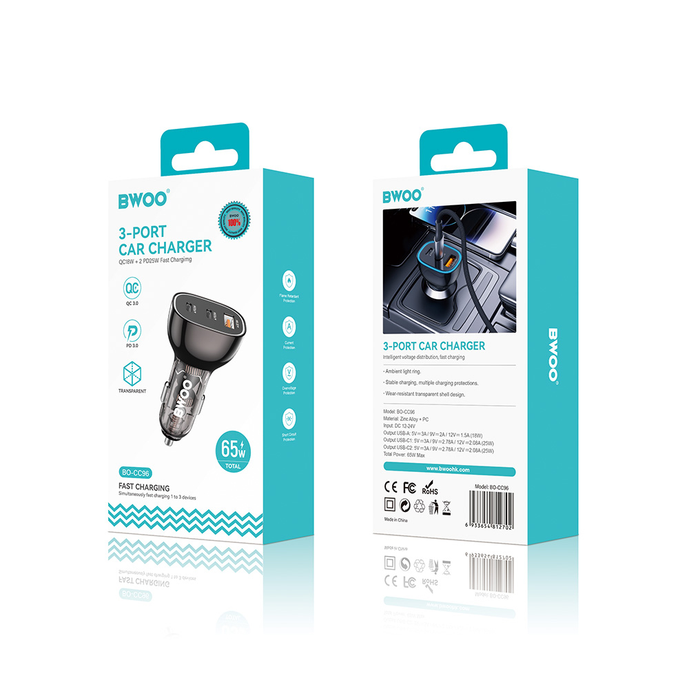 BWOO PD car charger 2x USB-C port + USB-A 68W black