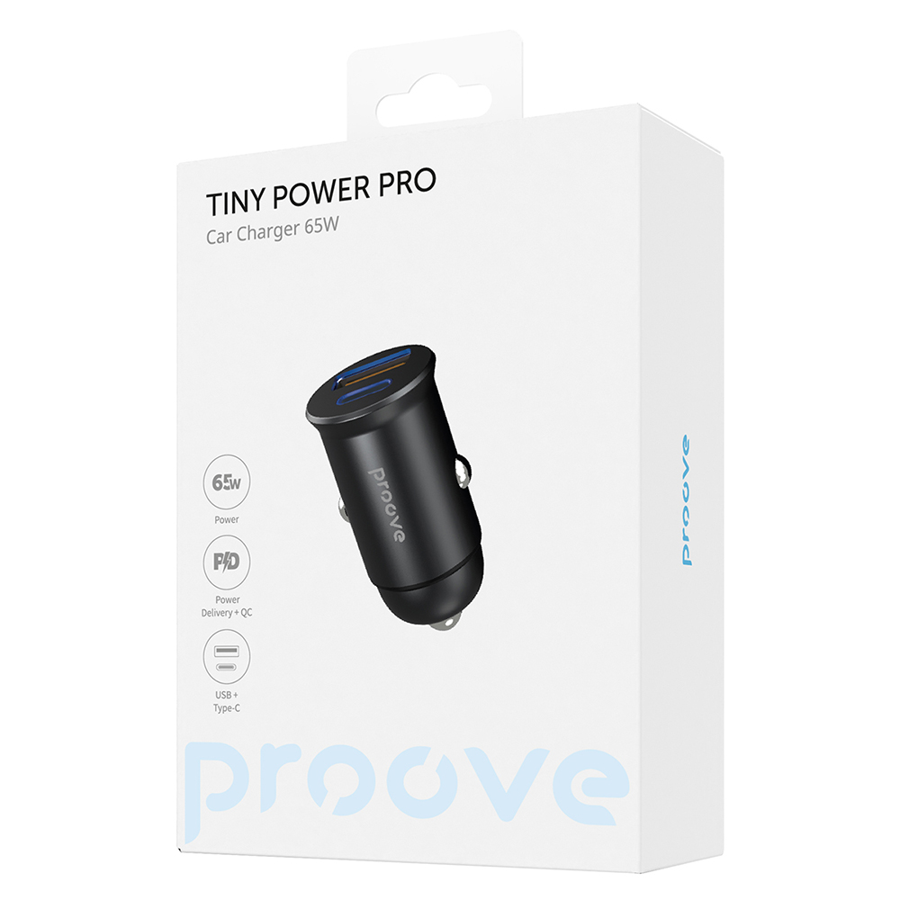 Proove Tiny Power Pro PD bil-laddare USB-C + USB-A 65W svart