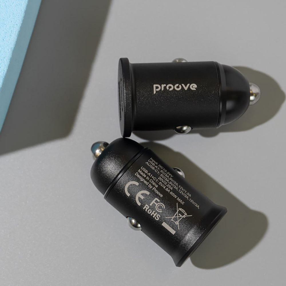 Proove Tiny Power Pro PD bil-laddare USB-C + USB-A 65W svart