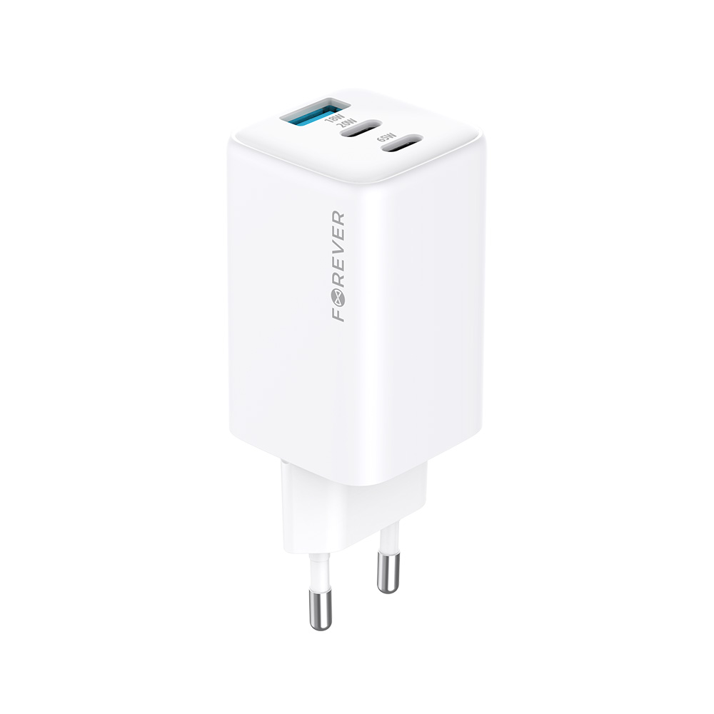 Forever TC-08-65ACC GaN PD QC-laddare 2x USB-C 1x USB 65W vit