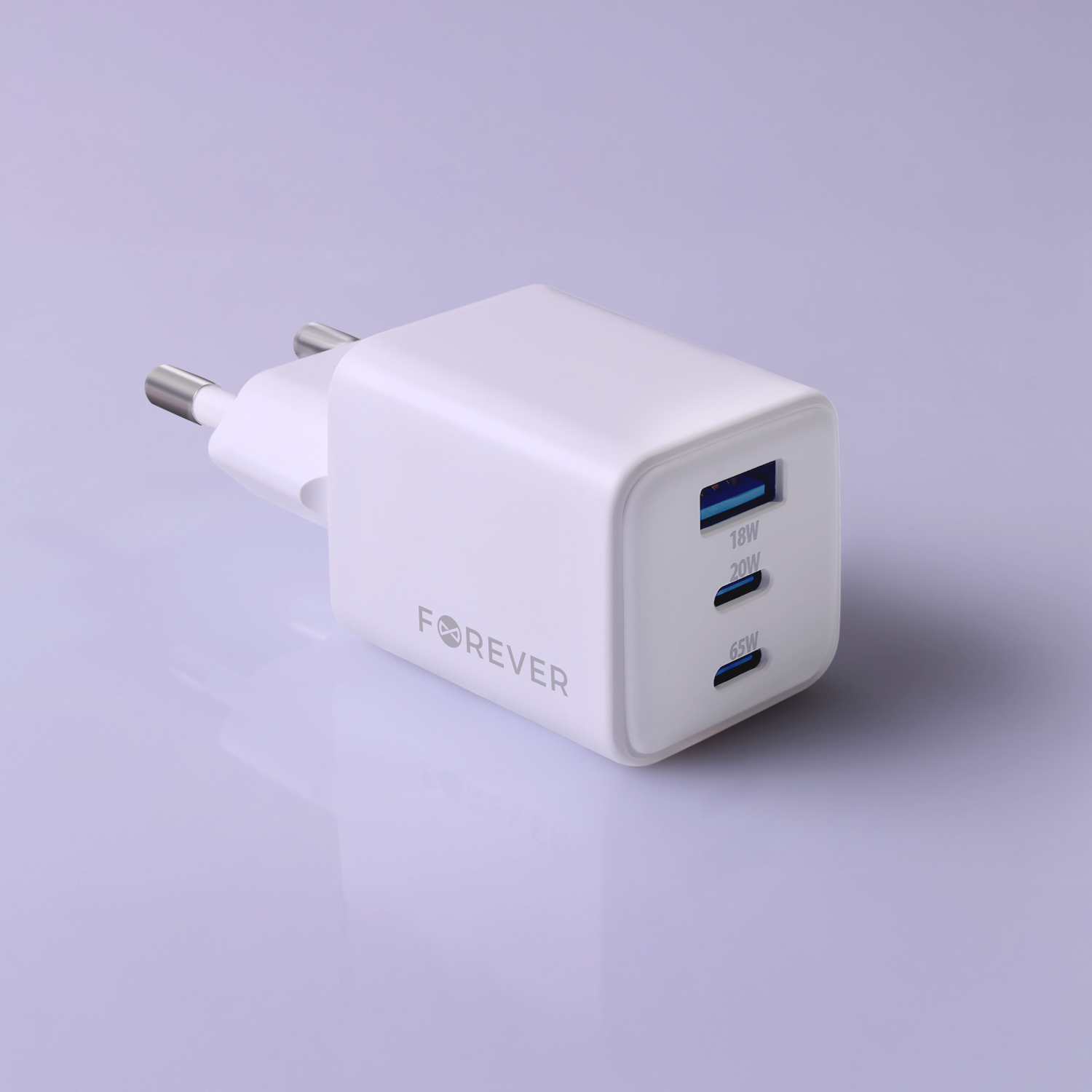 Forever TC-08-65ACC GaN PD QC-laddare 2x USB-C 1x USB 65W vit