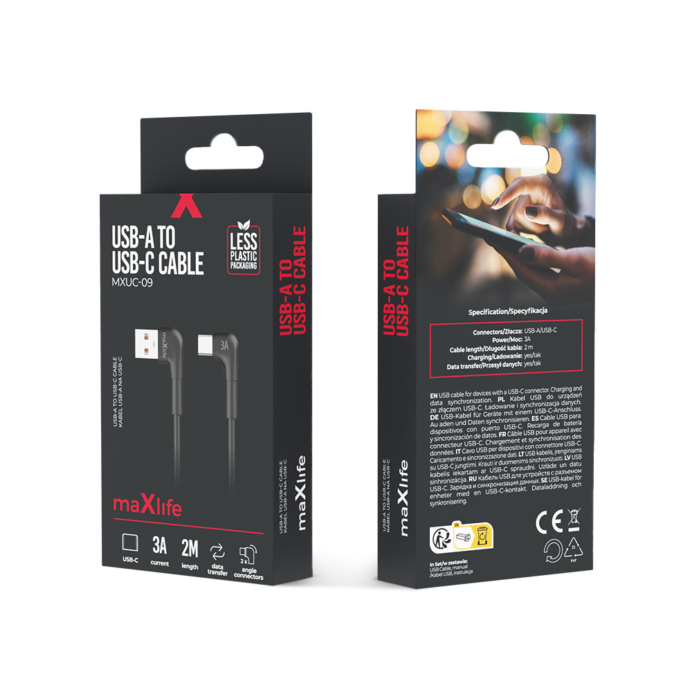 Maxlife MXUC-09 angle cable USB – USB-C 2,0 m 3A black