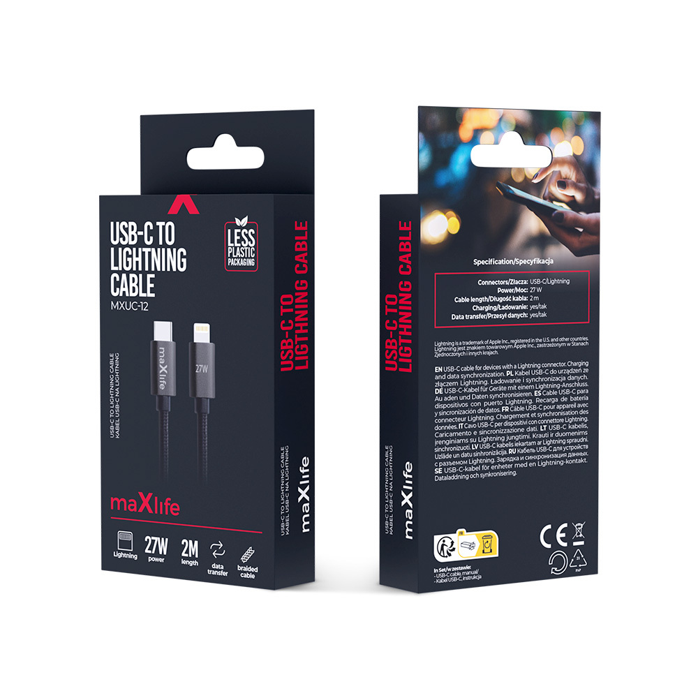 Maxlife MXUC-12 kabel USB-C – Lightning 2,0 m 27W svart