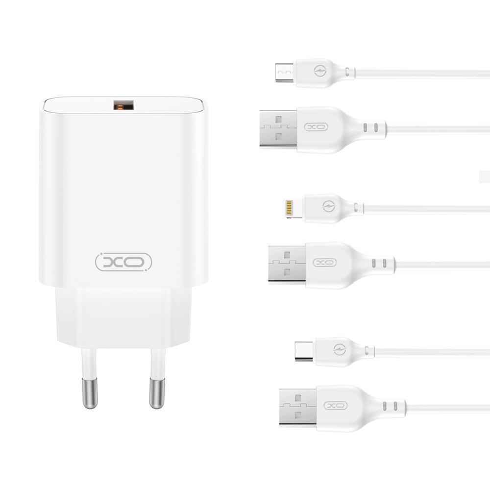 XO-väggladdare CE33 QC 18W 1x USB vit + Lightning-kabel