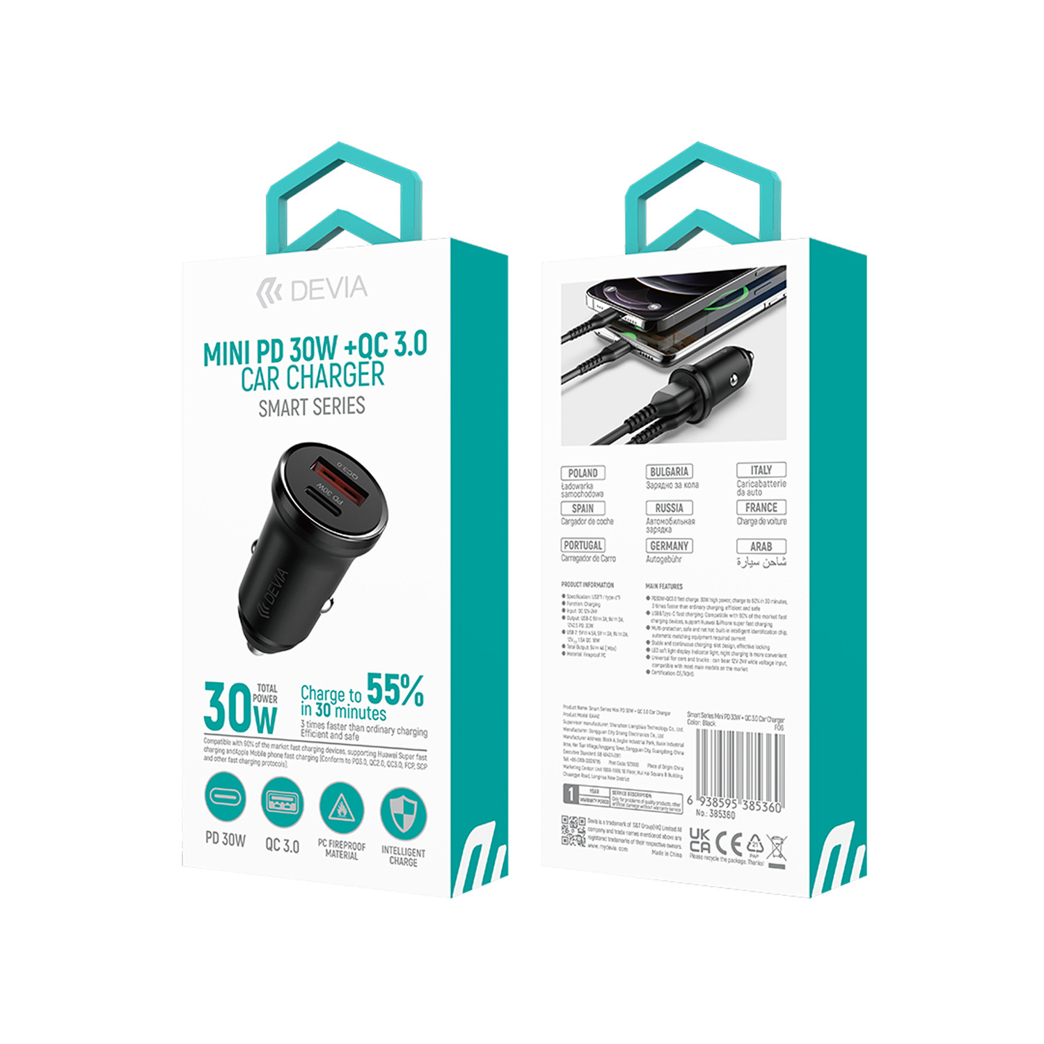 Devia car charger Smart Mini PD QC 3.0 30W 1x USB 1x USB-C white