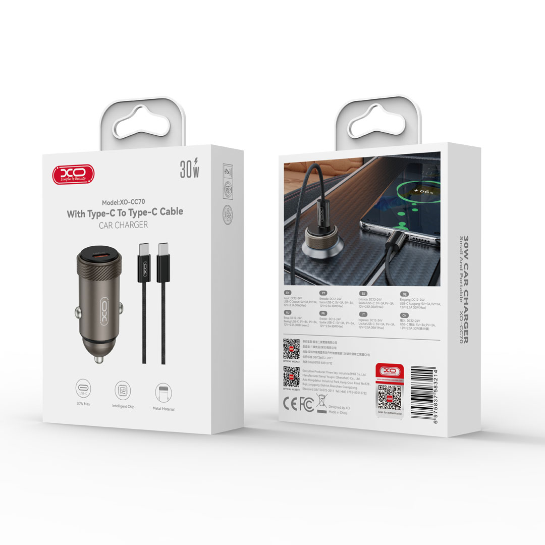 XO car charger CC70 PD 30W 1x USB-C black + cable USB-C – USB-C