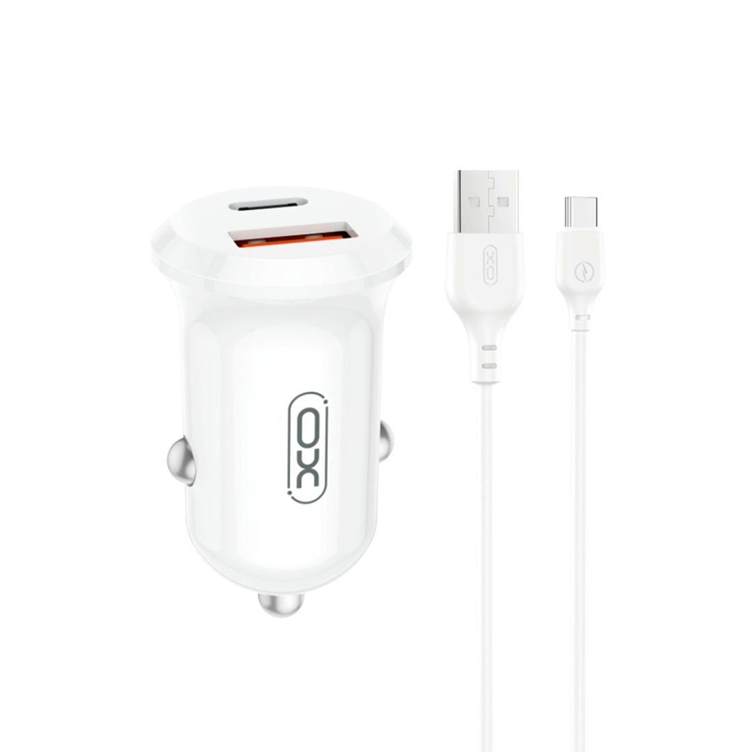 XO car charger CC69 PD 30W QC 1x USB 1x USB-C white + cable USB – USB-C