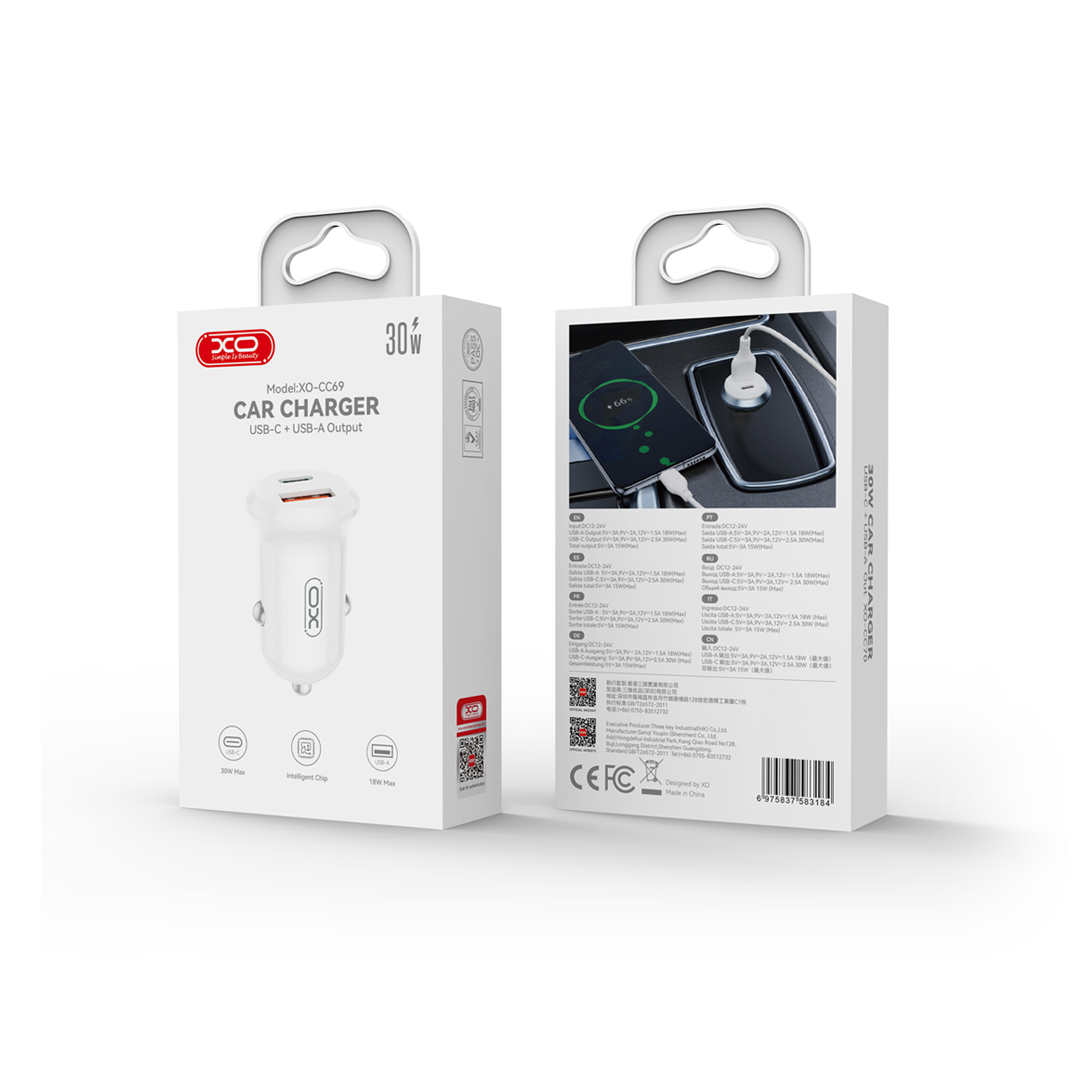 XO car charger CC69 PD 30W QC 1x USB 1x USB-C white