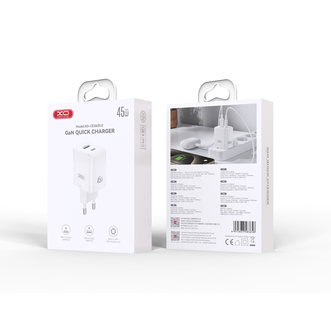 XO wall charger CE36 PD 45W 1x USB-C 1x USB white