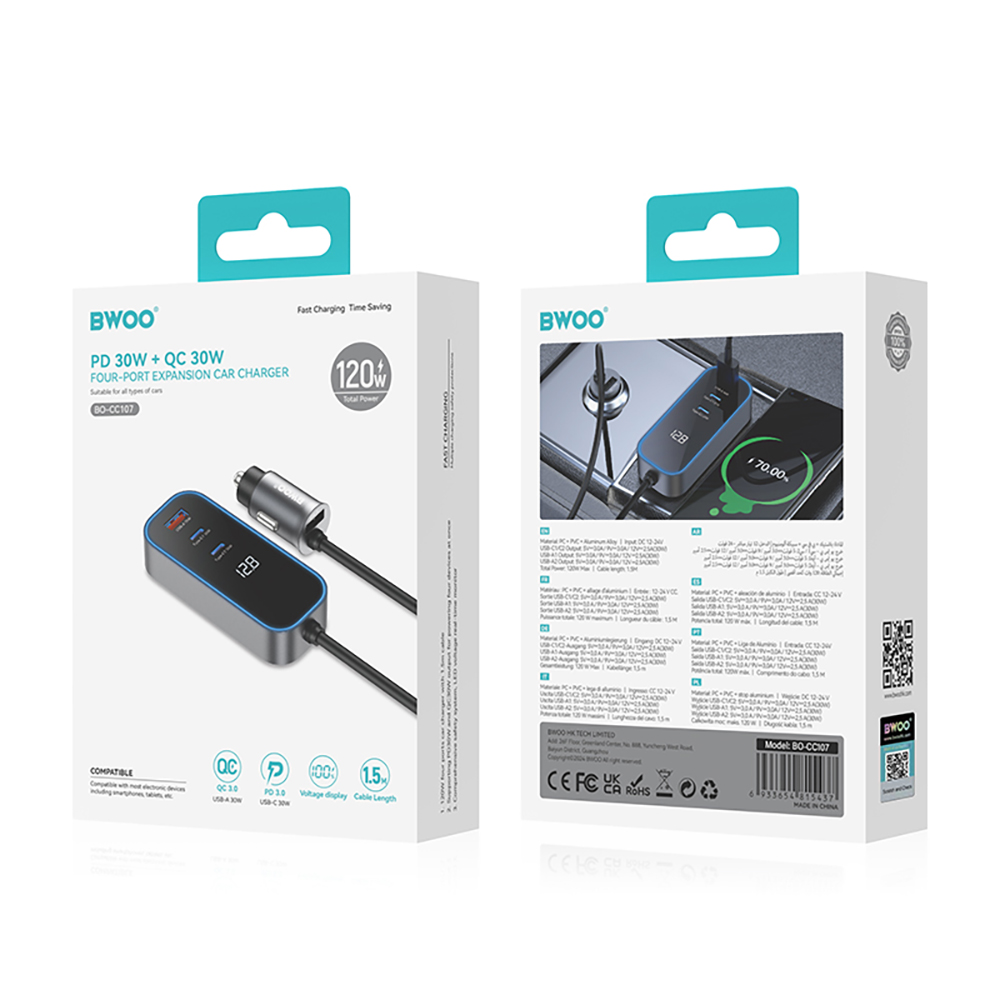 BWOO CC107 PD car charger 1x USB-C – USB-A port 30W black