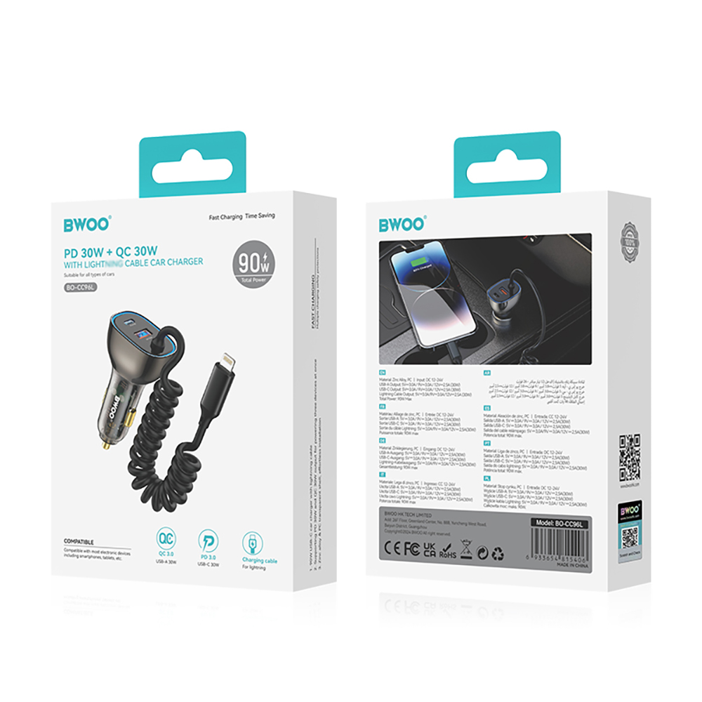 BWOO CC96L 30W PD car charger 1x USB-C 1x USB port with lightning cable gray