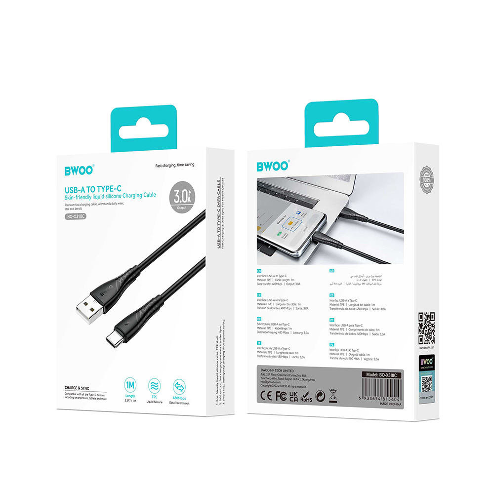 BWOO Cable USB – USB-C 1m 27W 3A Black BO-X318C
