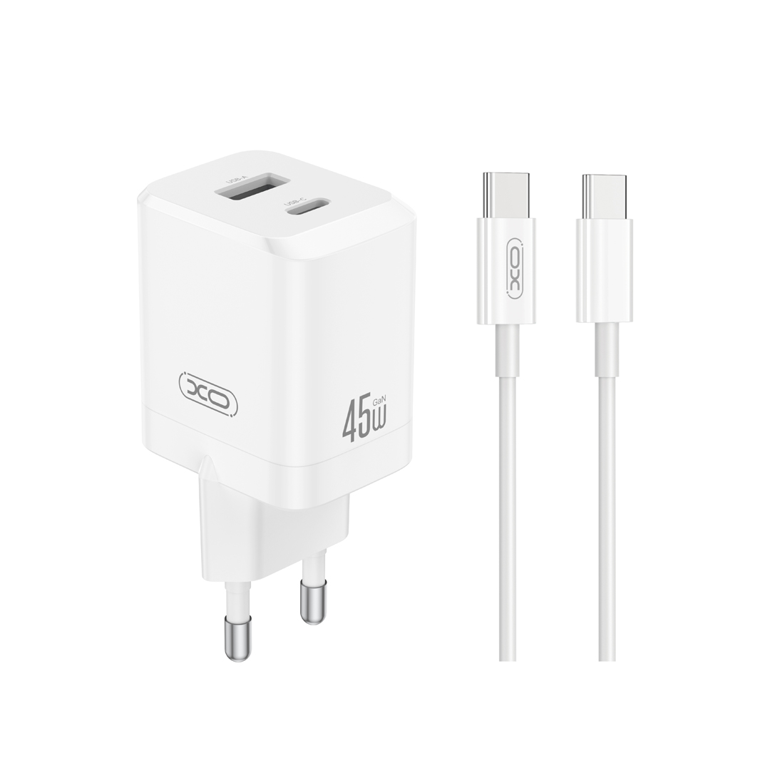 XO wall charger CE36 PD 45W 1x USB-C 1x USB white + cable USB-C – USB-C