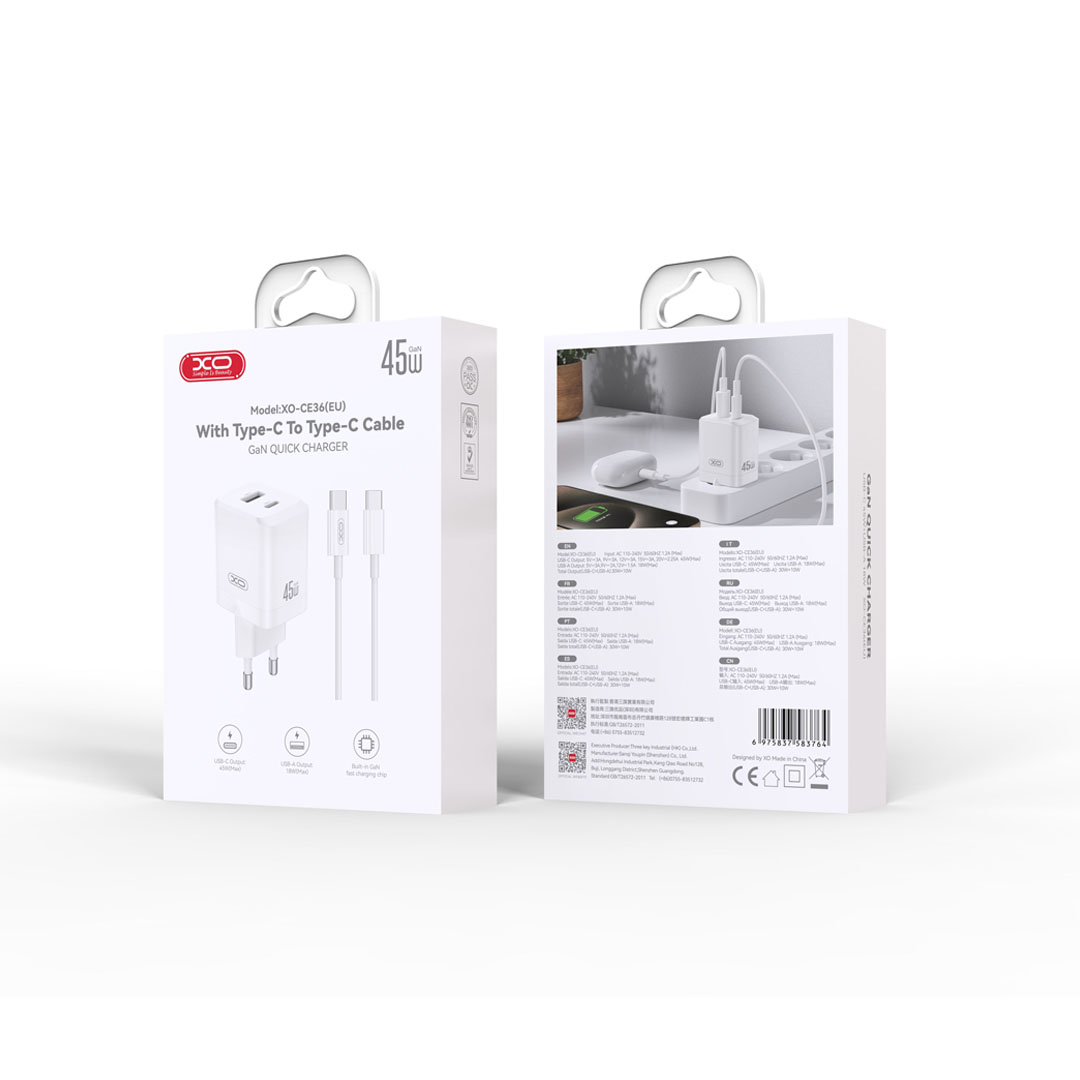 XO wall charger CE36 PD 45W 1x USB-C 1x USB white + cable USB-C – USB-C