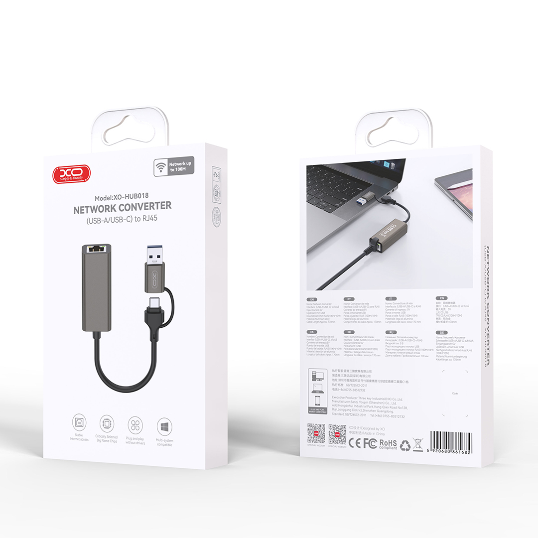 XO adapter HUB HUB018 2w1 USB-USB-C – RJ45 gray