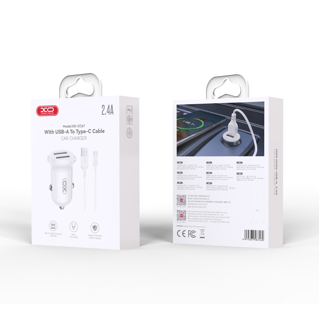XO car charger CC67 12W 2x USB black + USB – USB-C cable