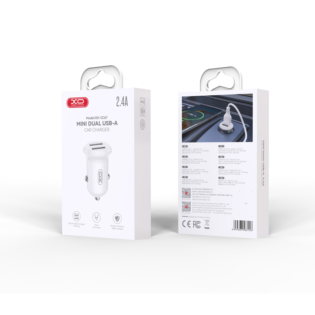 XO car charger CC67 12W 2x USB white