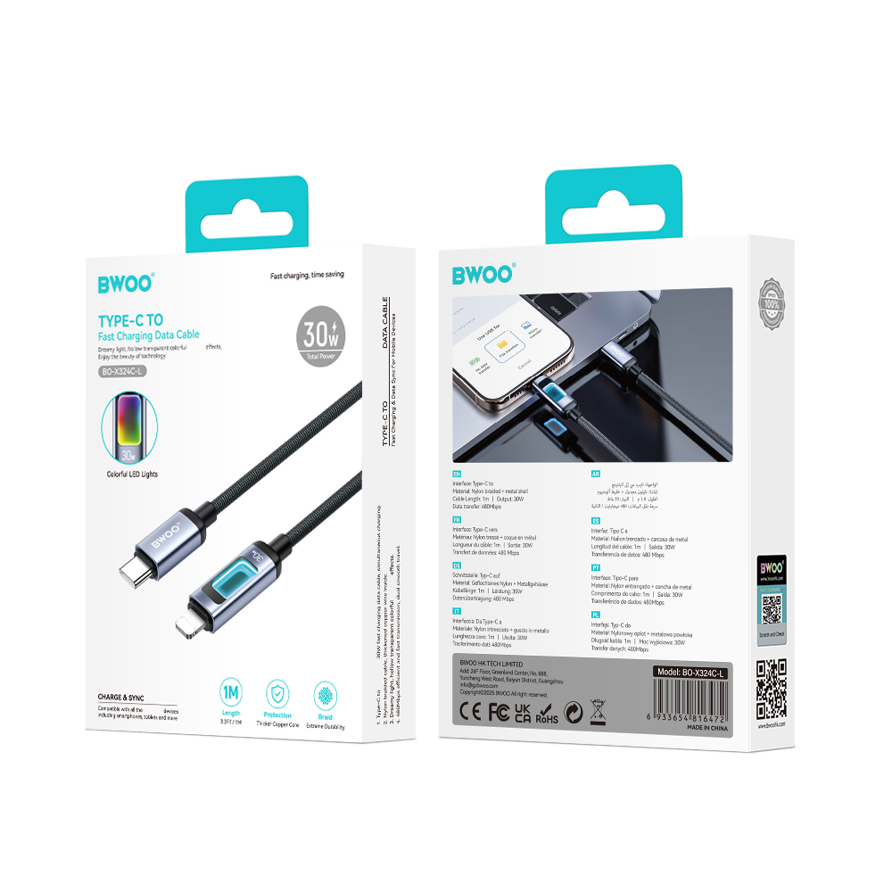 BWOO X324CL braided fast charging cable with light display PD 27W USB-C – Lightning