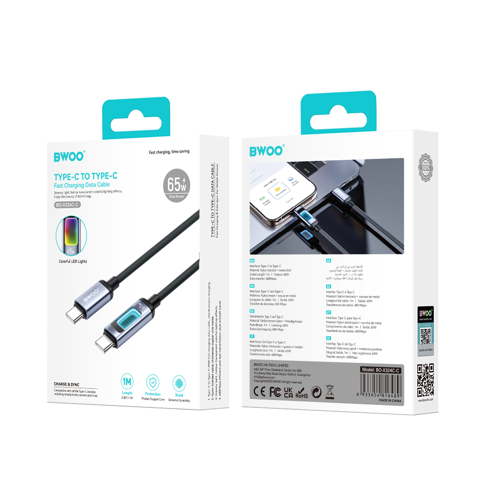 BWOO X324CC braided fast charging cable with light display PD 60W USB-C – USB-C