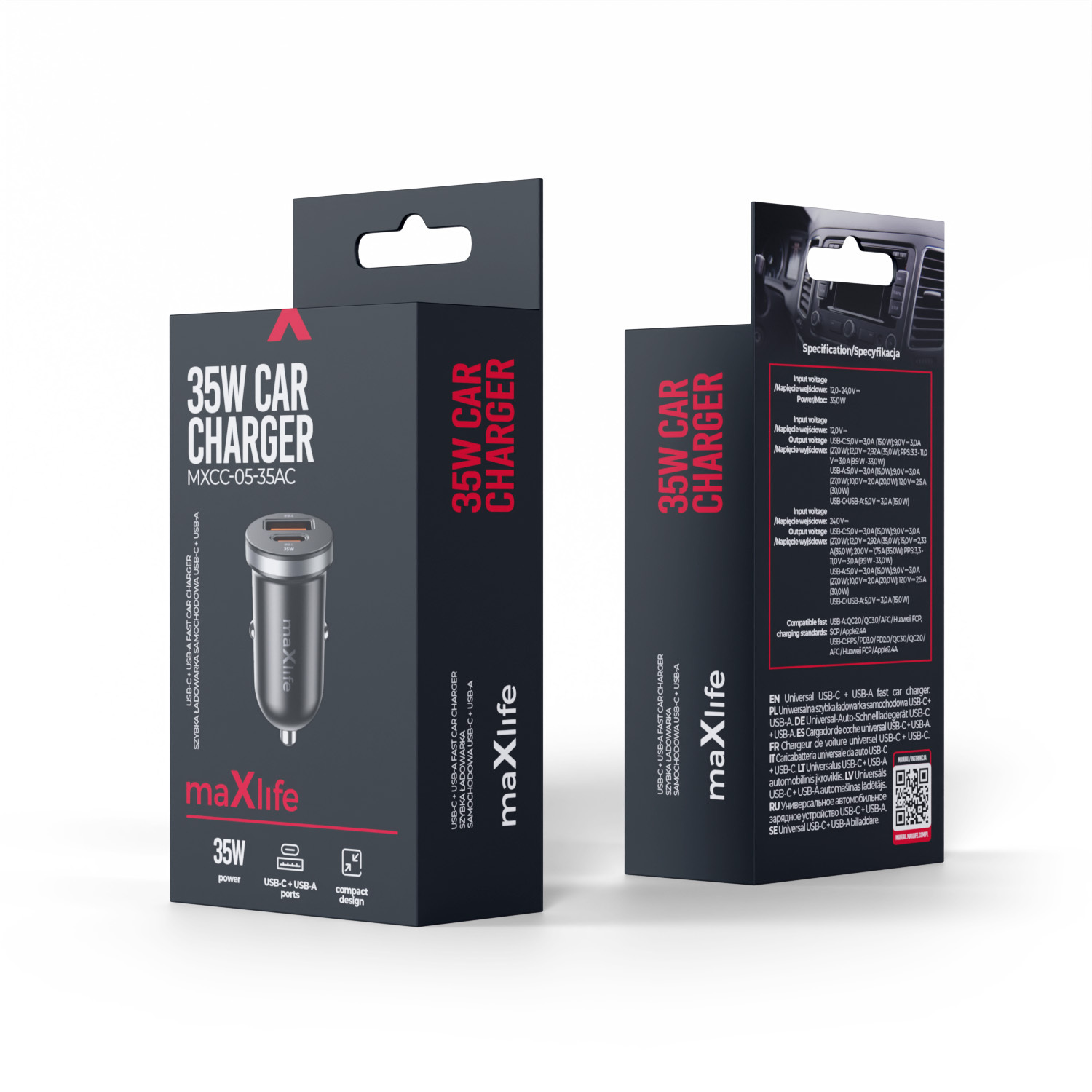 Maxlife MXCC-05 PD QC car charger 1x USB-C 1x USB 35W black