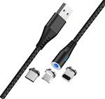 Maxlife MXUC-02 magnetkabel USB – Lightning + USB-C + microUSB 1,0 m 2A svart nylon