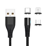 Maxlife MXUC-02 magnetkabel USB – Lightning + USB-C + microUSB 1,0 m 2A svart nylon