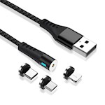 Maxlife MXUC-02 magnetkabel USB – Lightning + USB-C + microUSB 1,0 m 2A svart nylon