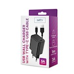 Setty laddare 1x USB 3A svart + USB-C-kabel 1,0 m