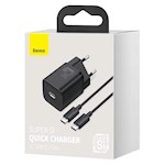 Baseus väggladdare Super Si PD 25W 1x USB-C svart + USB-C – USB-C-kabel