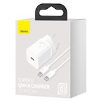 Baseus väggladdare Super Si PD 25W 1x USB-C vit + USB-C – USB-C-kabel