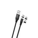 Maxlife MXUC-02 magnetkabel USB – Lightning + USB-C + microUSB 1,0 m 2A svart nylon