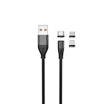 Maxlife MXUC-02 magnetkabel USB – Lightning + USB-C + microUSB 1,0 m 2A svart nylon