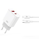 XO-väggladdare CE12 PD QC3.0 20W 1x USB 1x USB-C vit + USB-C – Lightning-kabel