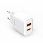 XO-väggladdare CE12 PD QC3.0 20W 1x USB 1x USB-C vit + USB-C – Lightning-kabel