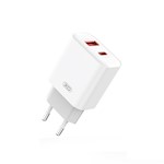 XO-väggladdare CE12 PD QC3.0 20W 1x USB 1x USB-C vit + USB-C – Lightning-kabel