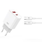 XO-väggladdare CE12 PD QC3.0 20W 1x USB 1x USB-C vit + USB-C – USB-C-kabel