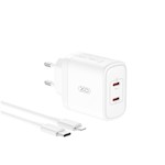 XO väggladdare CE08 PD 50W 2x USB-C vit + USB-C – Lightning-kabel